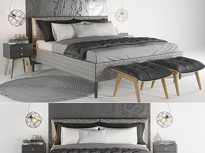3d现代双人床床具组合模型