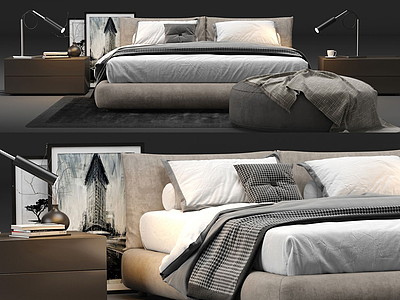 3d现代双人床床具组合模型