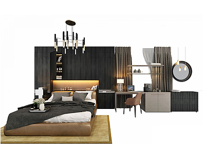 3d卧室大床书桌模型