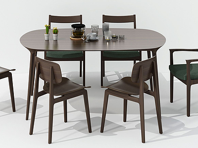 3d现代简约实木餐桌椅组合模型