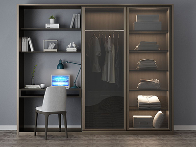 3d现代衣柜书柜组合柜模型