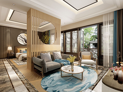 3d新中式别墅卧室模型