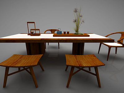 3d新中式茶桌椅模型