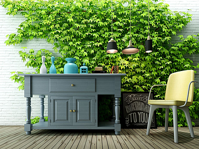 3d代植物装饰柜休闲椅子组合模型
