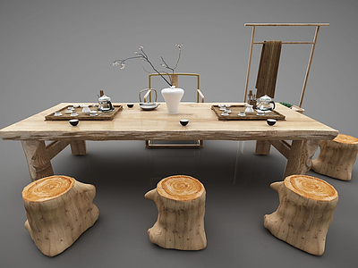 3d新中式根雕茶桌模型