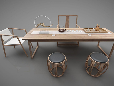 3d新中式风格书桌茶桌模型