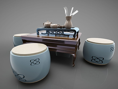 新中式休闲桌边几凳模型3d模型