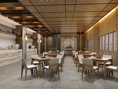 3d新中式民宿餐厅模型