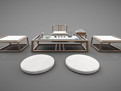 3d新中式茶室坐垫桌椅模型