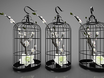 3d新中式鸟笼花装饰摆件模型