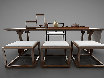 新中式书桌桌椅组合模型3d模型