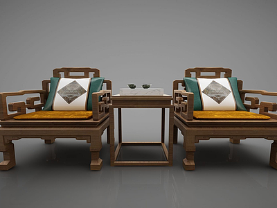 3d新中式单人沙发组合模型