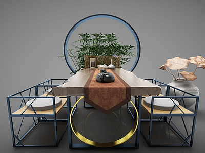 3d新中式风格餐桌模型