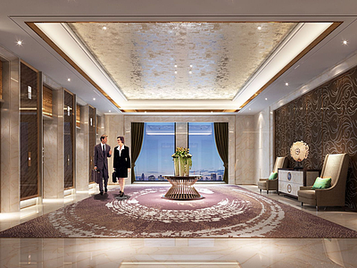 3d酒店现代奢华电梯厅模型