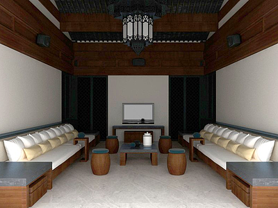 3d现代中式客厅模型