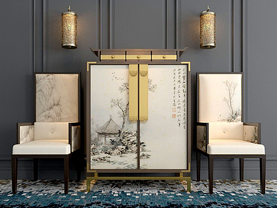 现代中式风格边柜单椅组合模型