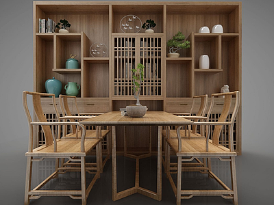 3d新中式风格餐桌餐柜模型
