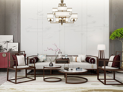 新中式客厅沙发木质桌椅模型