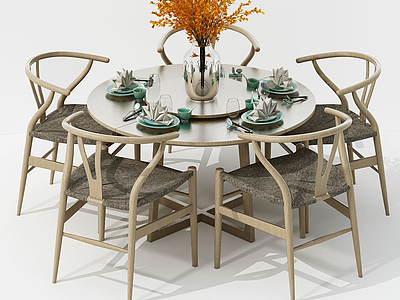 3d新中式纯木餐桌椅组合模型