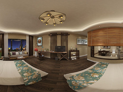 3d新中式酒店民宿客房模型