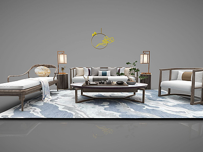 3d新中式沙发茶几罗汉床模型