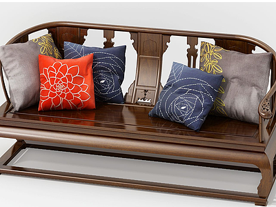 新中式实木沙发抱枕模型