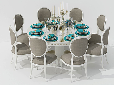 欧式圆板餐桌椅组合模型