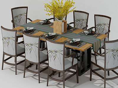 3d新中式餐桌实木桌椅模型