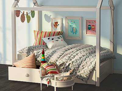 3d现代温馨条纹被子儿童床模型