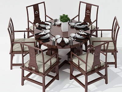 新中式简约餐桌椅组合模型