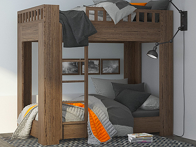 现代木质上下铺儿童床模型3d模型
