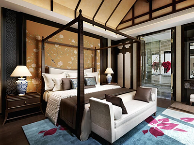 新中式卧室客房模型