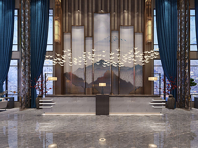 3d中式风格酒店大堂模型