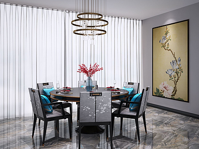 3d新中式餐厅桌椅吊灯模型