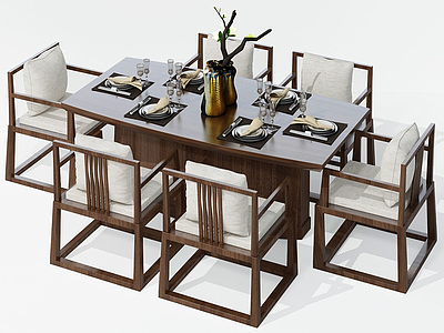 新中式六人餐桌椅组合模型3d模型