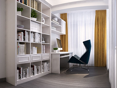 3d现代书房书柜书桌椅子模型