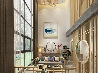 3d新中式客厅多人沙发茶几模型