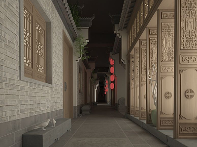 3d老北京风格走廊模型