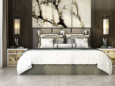 3d现代卧室双人床组合模型