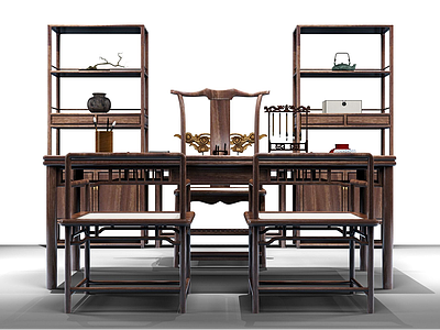 3d实木书桌装饰架组合模型