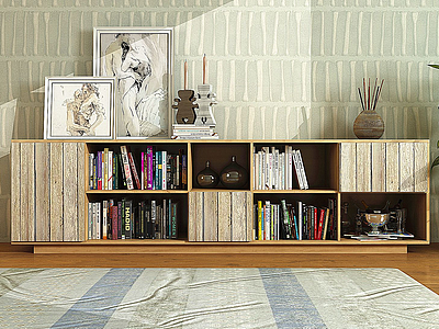 3d现代实木边柜书籍摆件组合模型