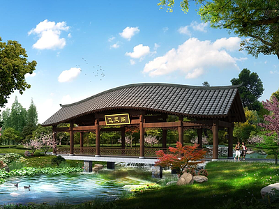 中式建筑景区廊桥模型3d模型