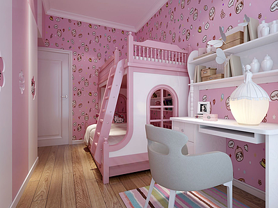 3d粉色儿童小孩房模型