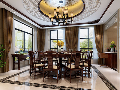 3d中式客厅餐厅厨房模型