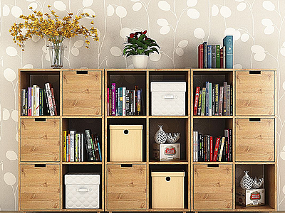 3d现代实木书柜书籍花瓶组合模型