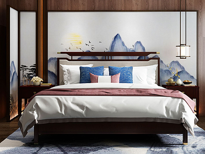 新中式实木双人床3d模型