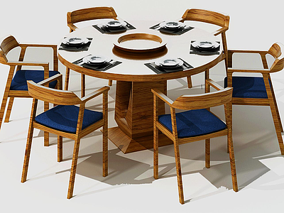 3d现代木圆桌椅组合模型