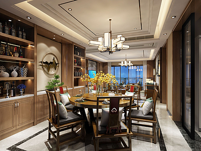 3d中式餐厅酒柜壁画吊灯模型