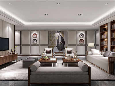 3d中式客厅人物壁画模型