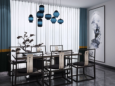 新中式休闲餐桌椅吊灯组合模型3d模型